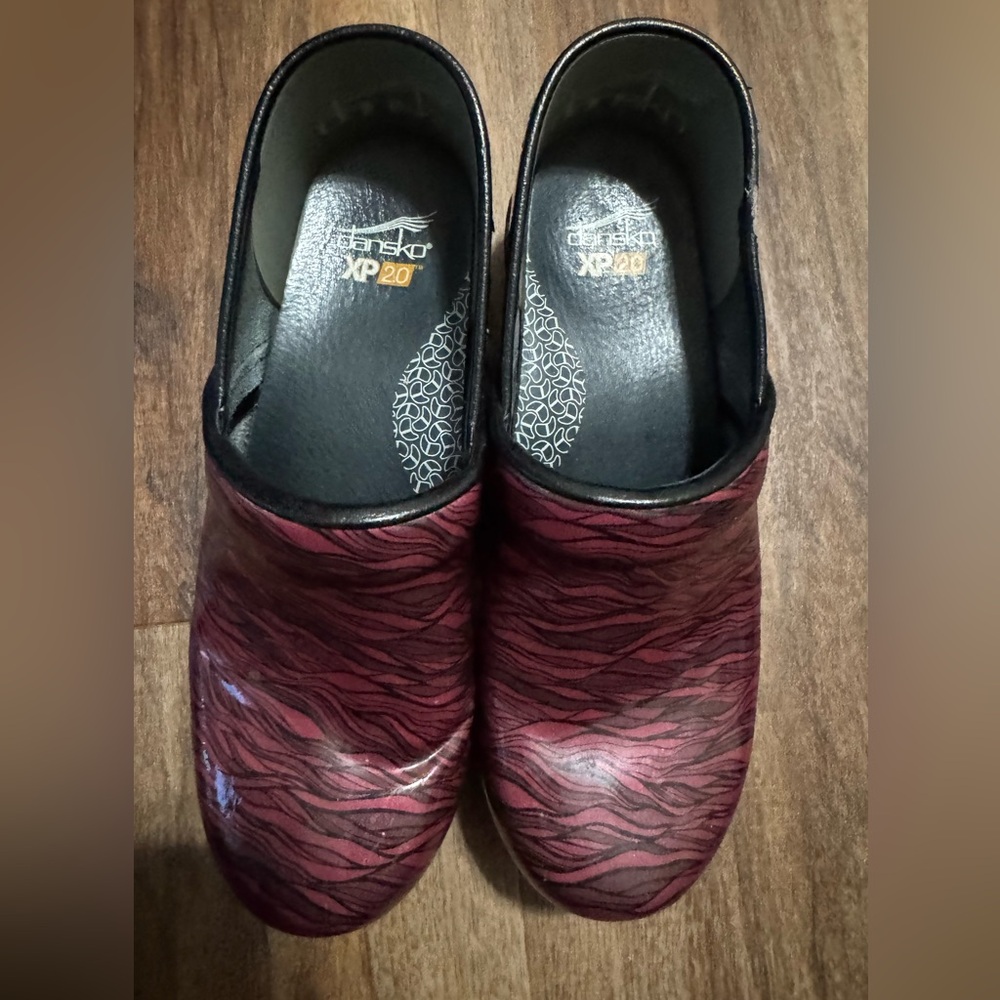 Dansko Burgundy and Black Patterned Clogs